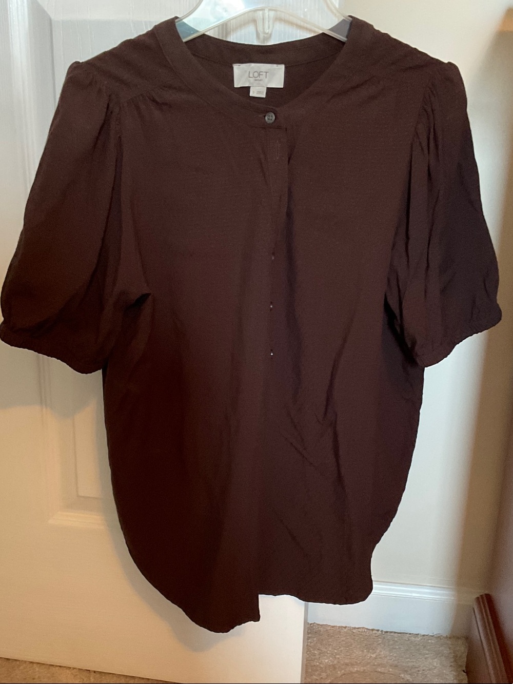LOFT Dark Brown Puff Sleeve Button-Front Blouse